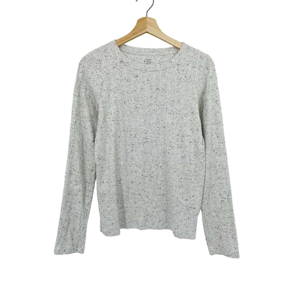 Margaret O'Leary Ribbed Long Sleeve Top Women Medium Gray Speckled Crewneck